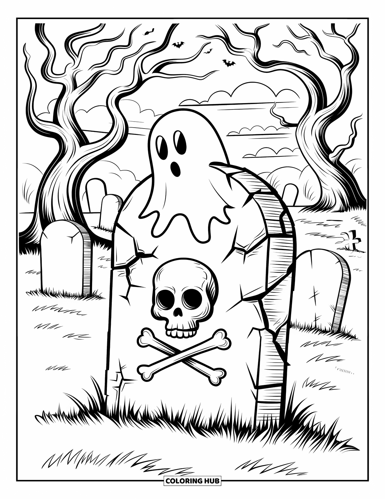 Vintage Halloween Coloring Page for Kids: Ghost hides behind a gravestone marked with a skull and crossbones