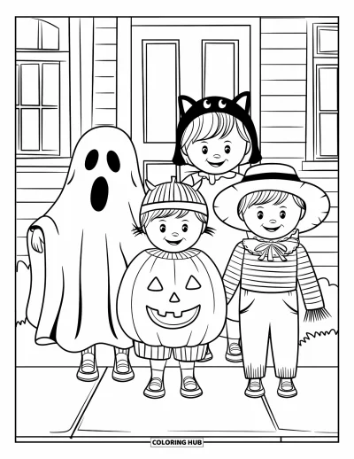 Coloriage d'Halloween vintage pour enfants : Des enfants déguisés en fantôme, citrouille, chat et épouvantail se tiennent devant une maison chaleureuse