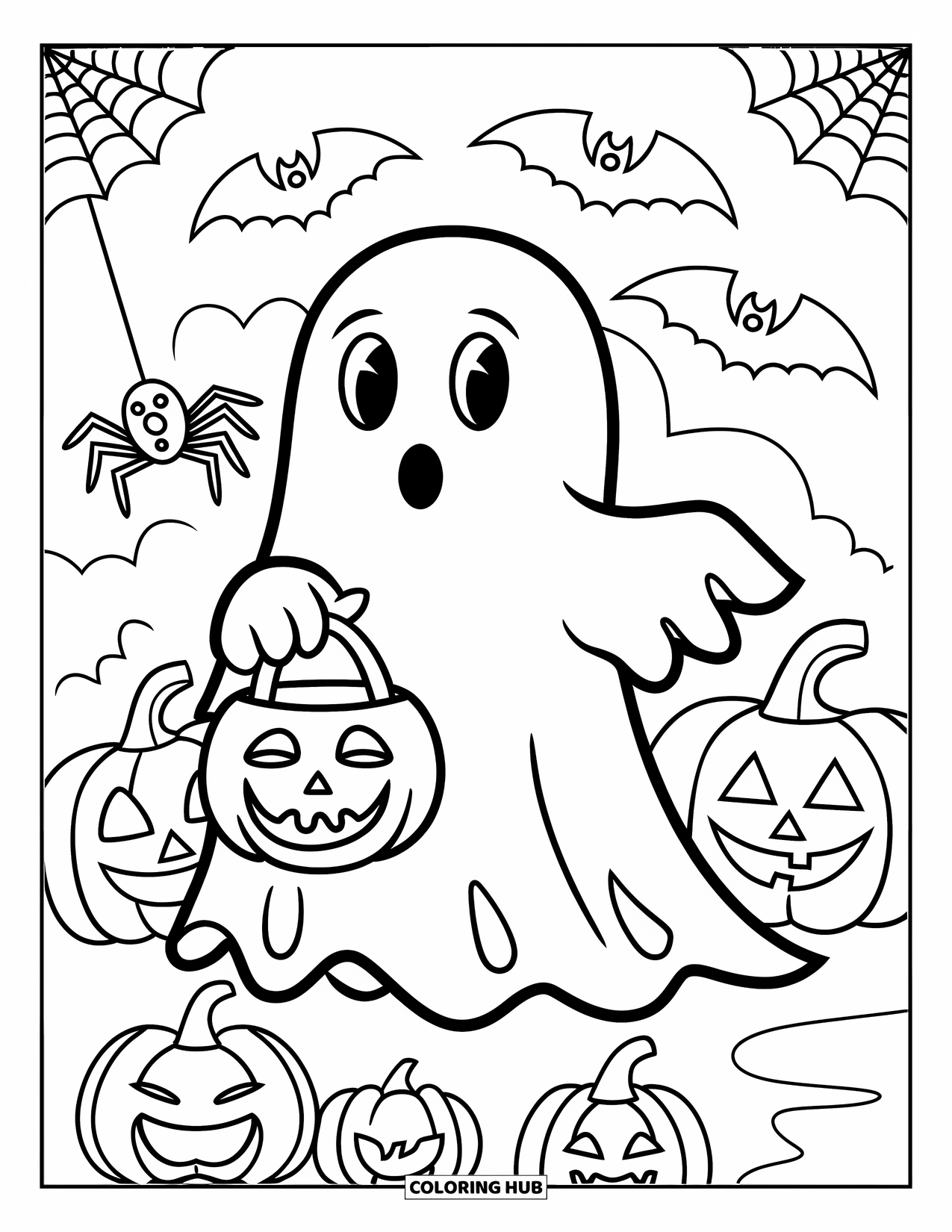Vintage Halloween Coloring Page for Kids: Ghost with a treat bag stands near pumpkins, a bat, and a spider