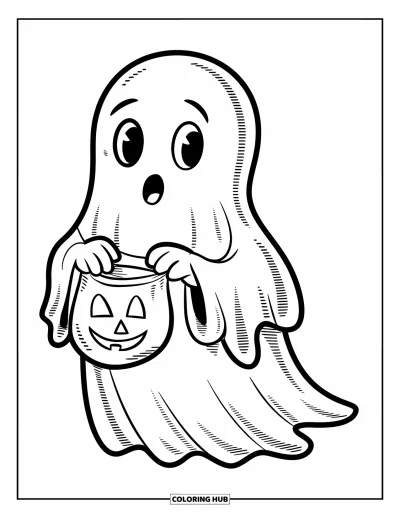 Coloriage d'Halloween vintage pour enfants : Un fantôme à la tête ronde tient un sac à friandises avec un grand sourire
