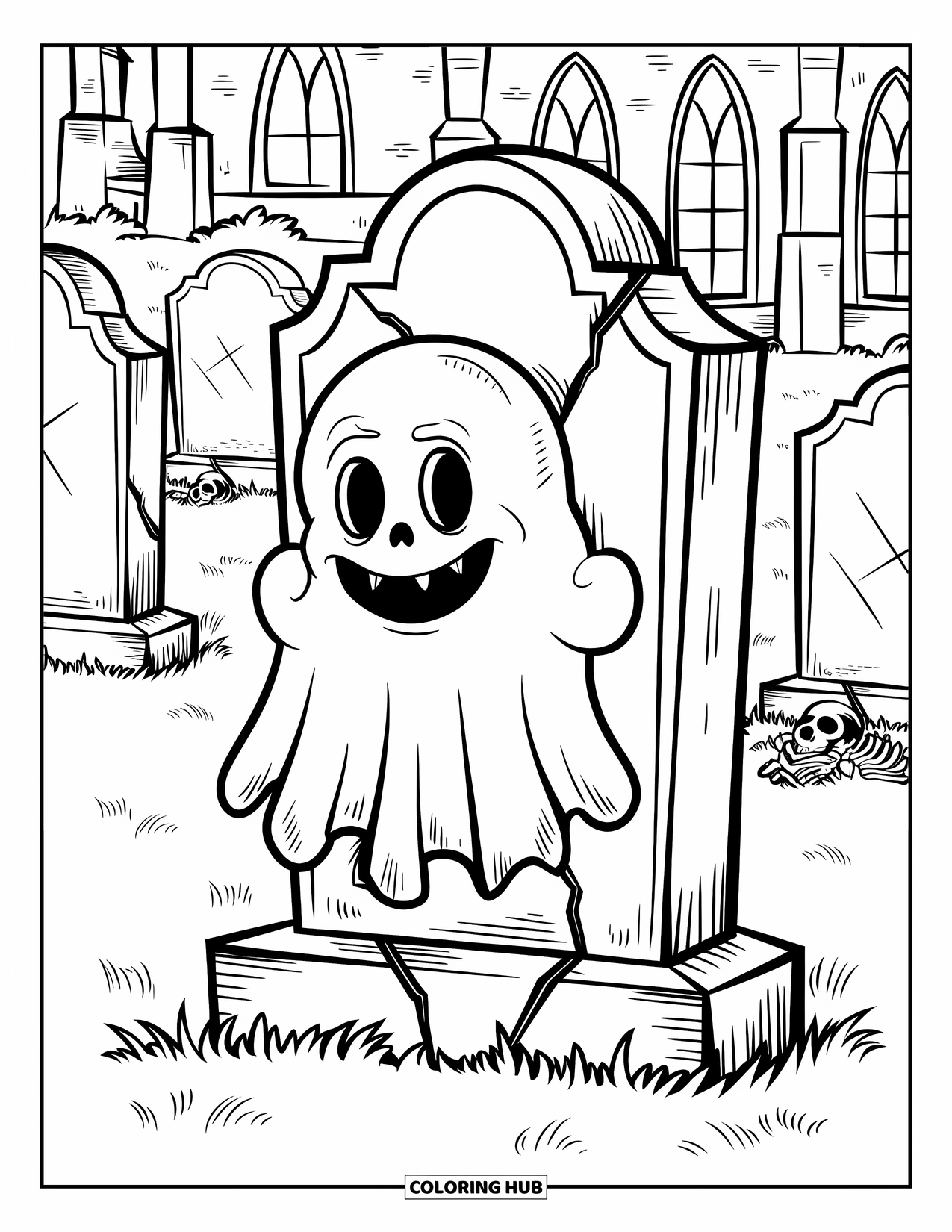 Vintage Halloween Coloring Page for Kids: Grinning ghost in a suit hides near mossy stones and scattered bones