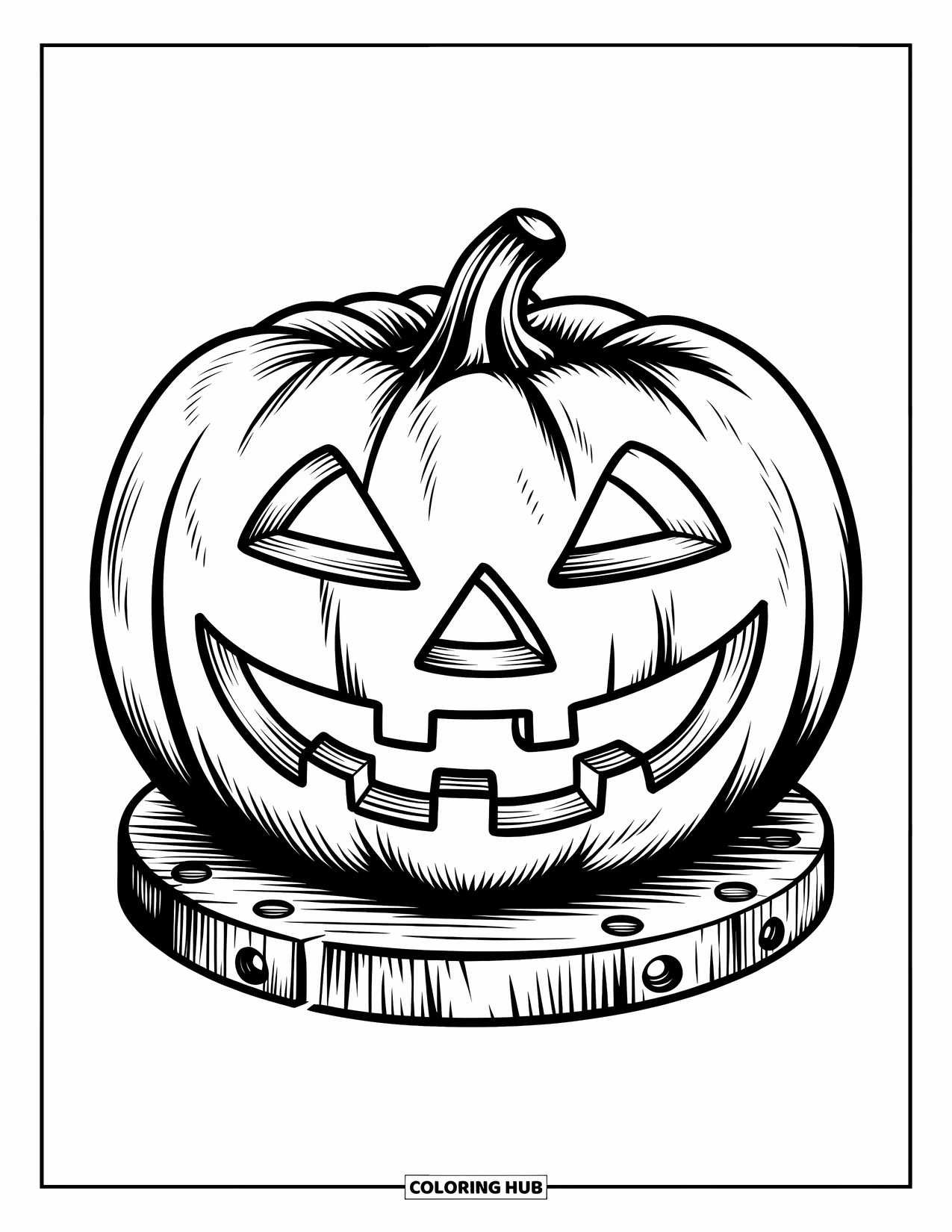 Vintage Halloween Coloring Page for Kids: Grinning pumpkin sits on a wooden base with tiny holes