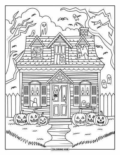Coloriage d'Halloween vintage pour enfants : Une maison hantée avec des arbres fantomatiques et des fenêtres d'époque se dresse sous un ciel nuageux