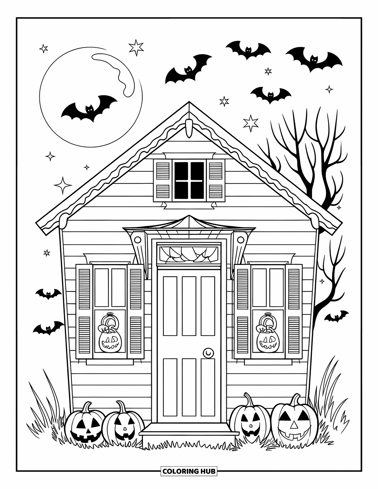 Vintage Halloween Coloring Page for Kids: Haunted house with pumpkins and bats glows under a starry night