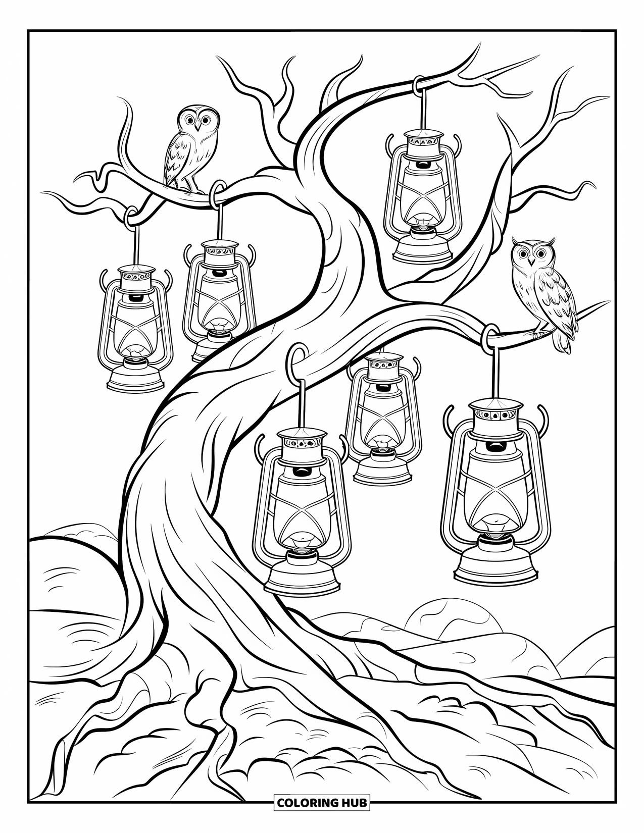 Vintage Halloween Coloring Page for Kids: Lantern-lit tree with owls sits on rocks under a dark vintage sky
