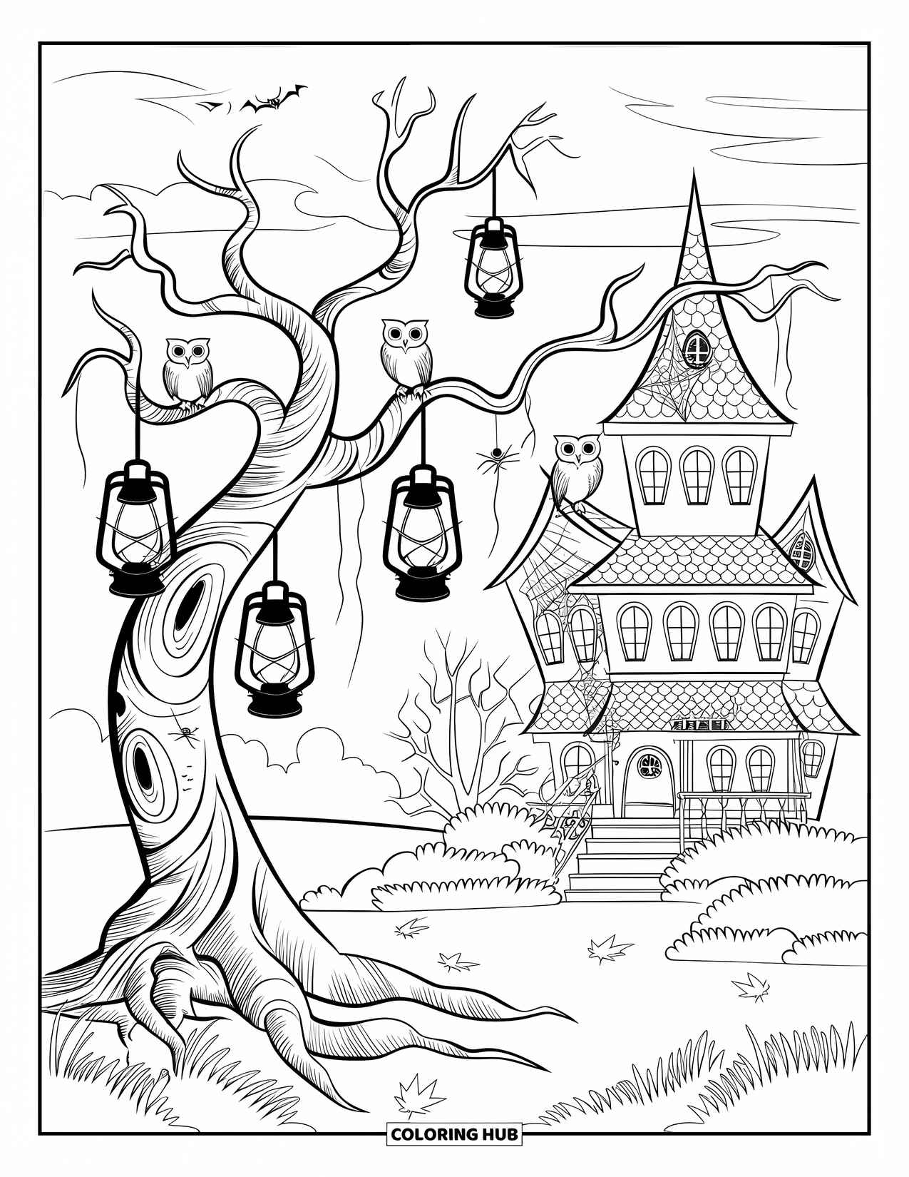 Vintage Halloween Coloring Page for Kids: Lanterns and owls rest on a twisted tree near a haunted house