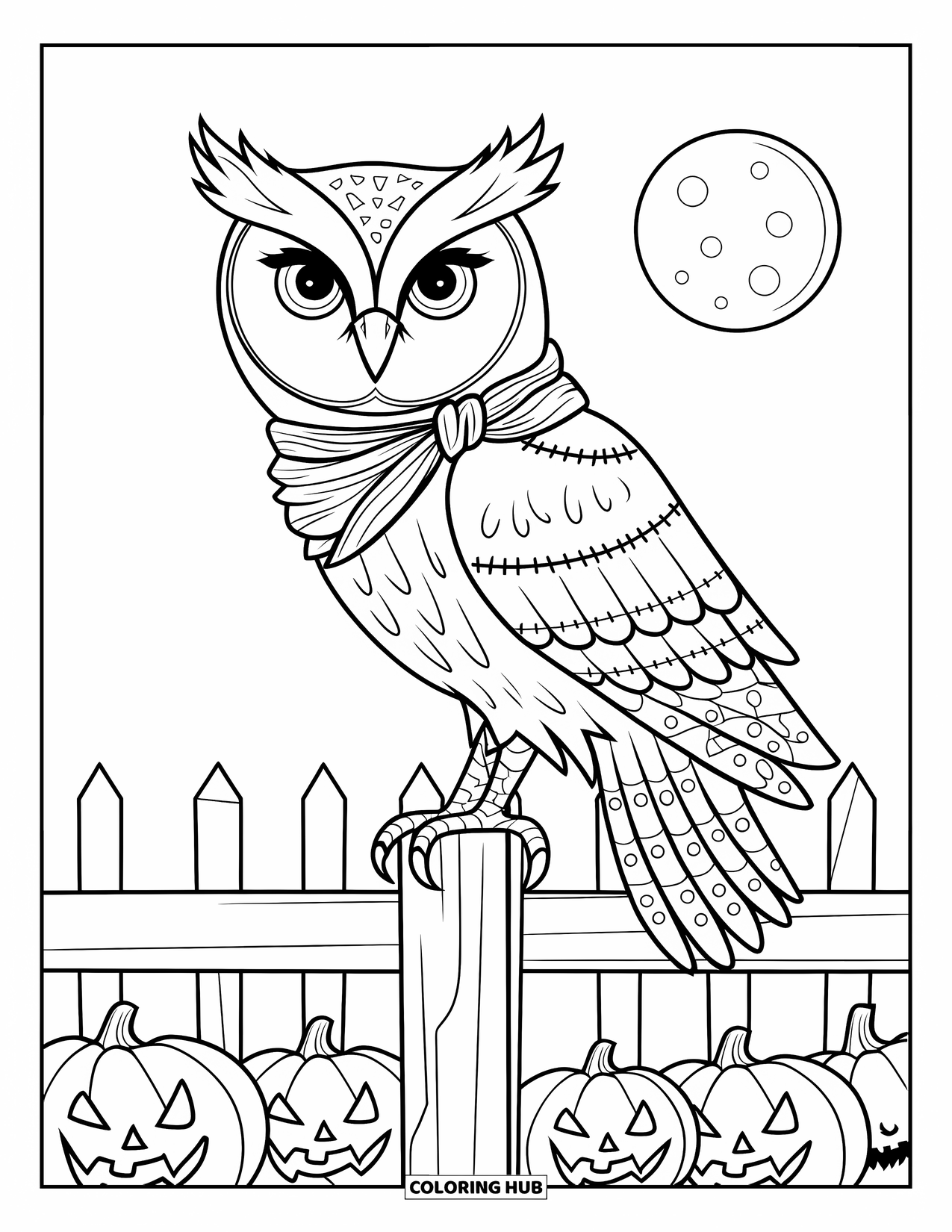 Vintage Halloween Coloring Page for Kids: Owl in a scarf sits on a fence with pumpkins under the moon