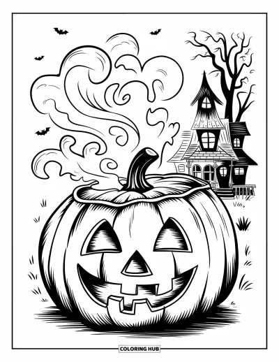 Coloriage d'Halloween vintage pour enfants : Une citrouille dégage de la vapeur tourbillonnante près d'une maison hantée et d'arbres inquiétants