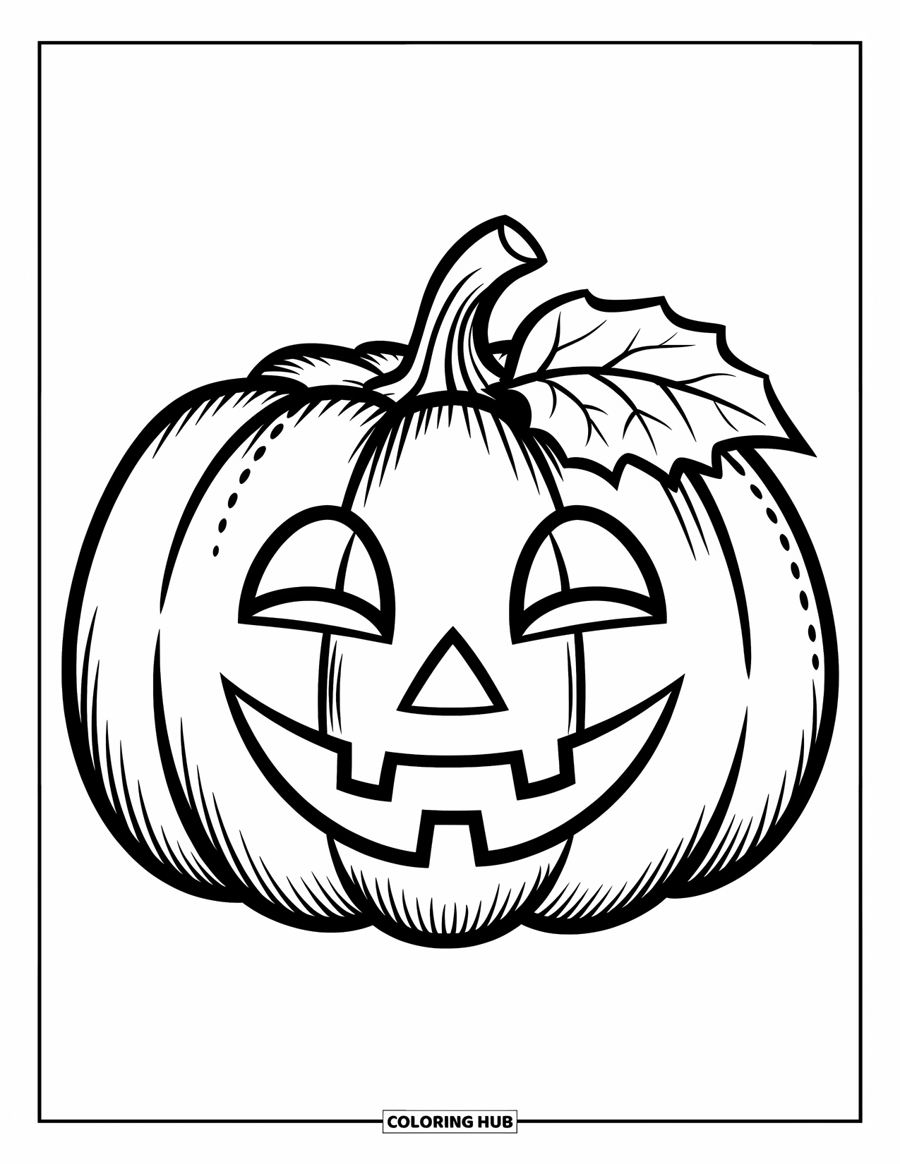 Vintage Halloween Coloring Page for Kids: Pumpkin with stitched leaf stem smiles sweetly on a white page