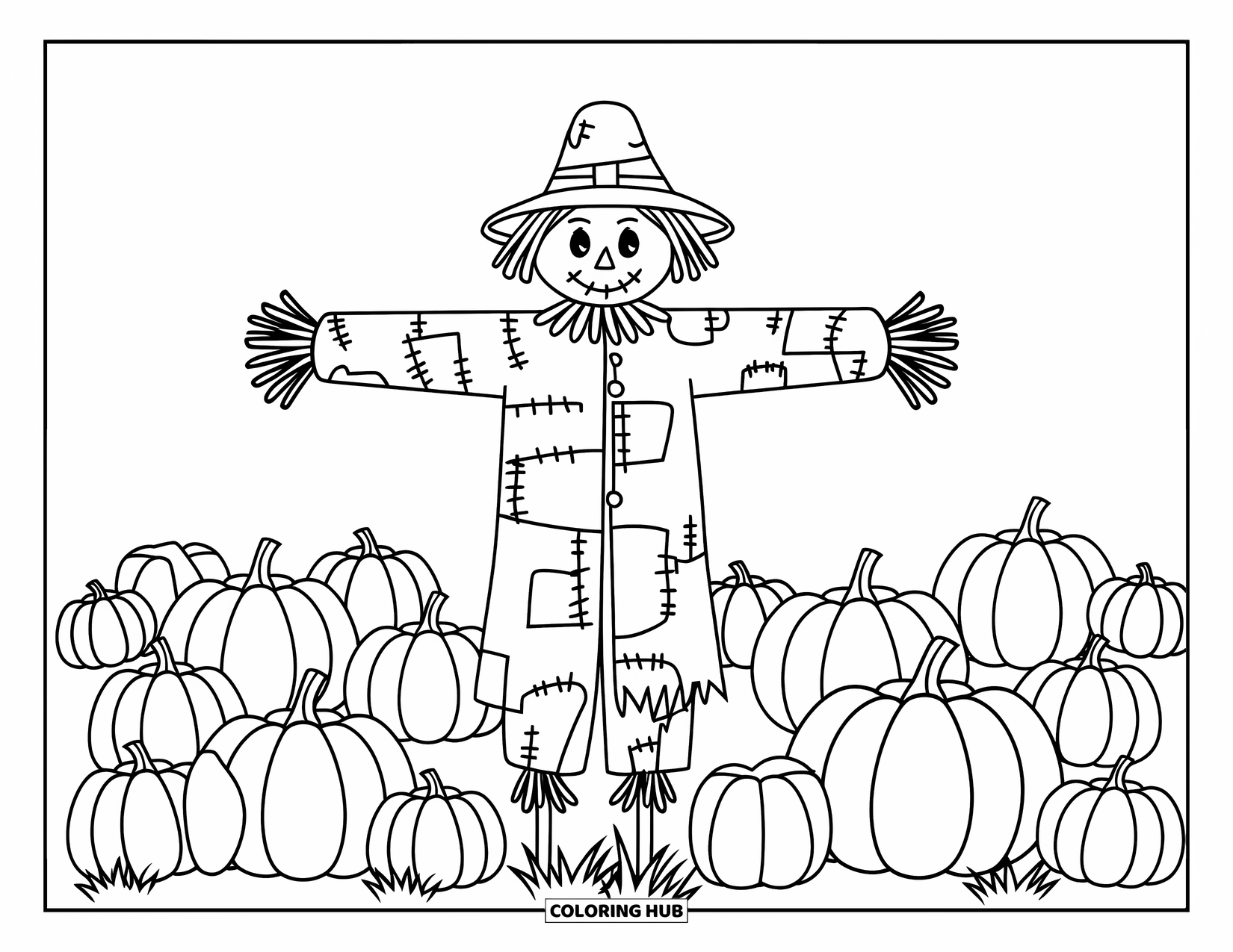 Vintage Halloween Coloring Page for Kids: Scarecrow watches over a pumpkin field under a clear sky