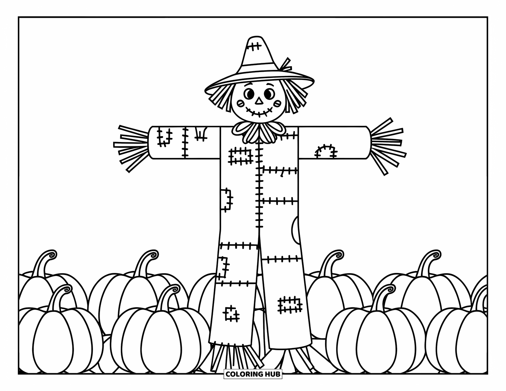 Vintage Halloween Coloring Page for Kids: Scarecrow with a twig arm stands among round pumpkins
