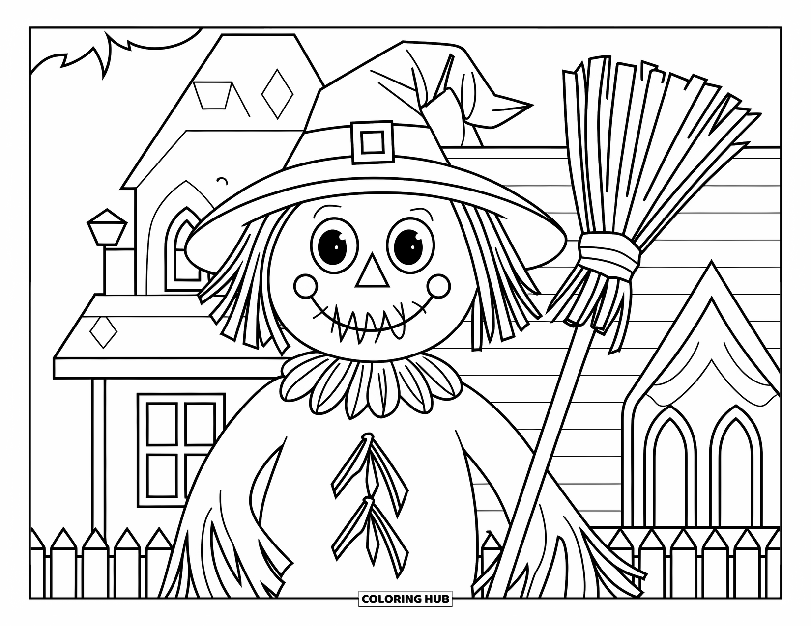 Vintage Halloween Coloring Page for Kids: Scarecrow with broom stands near a haunted house