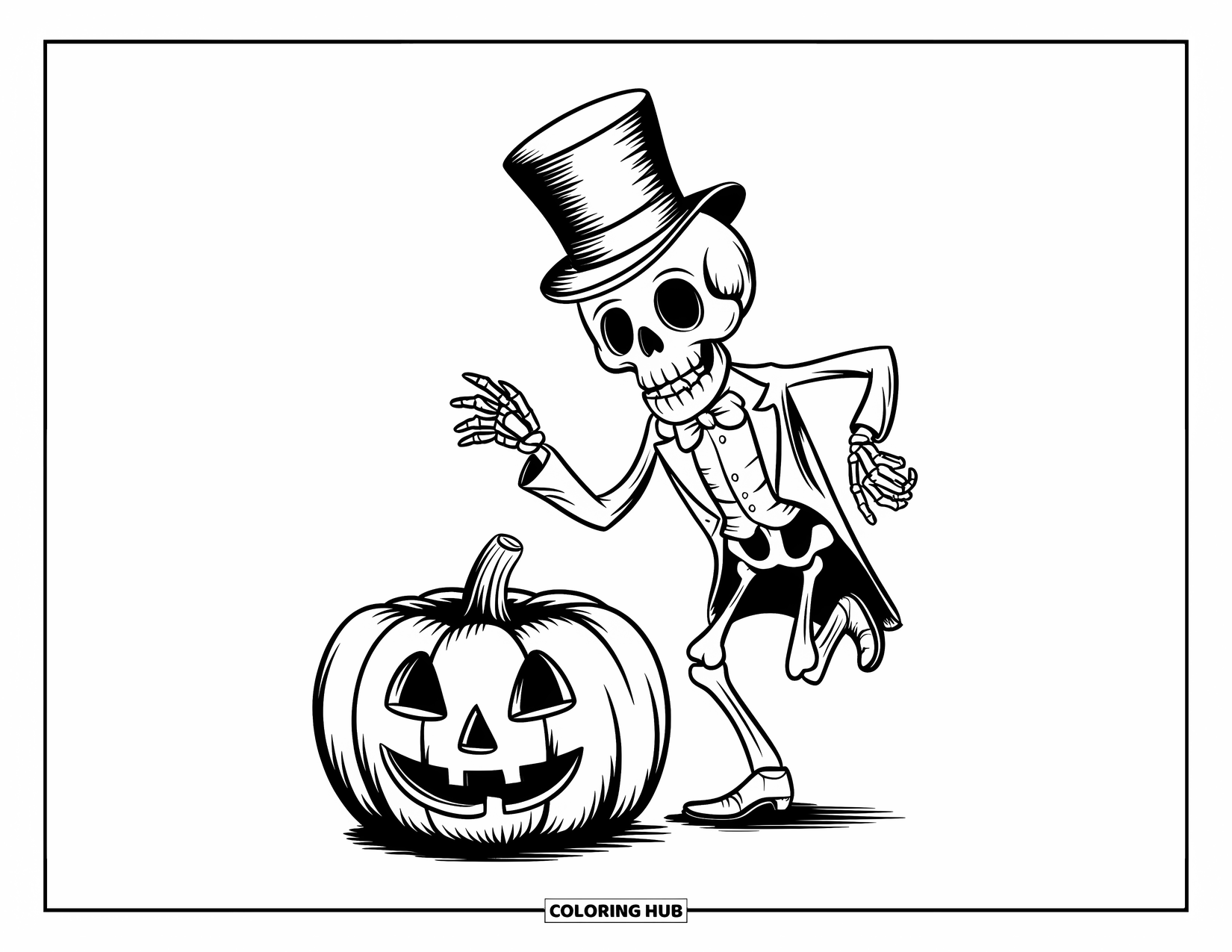 Vintage Halloween Coloring Page for Kids: Skeleton in a top hat dancing beside a grinning pumpkin on a white space