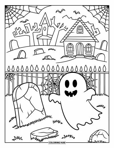 Coloriage d'Halloween vintage pour enfants : Un fantôme souriant flotte dans un cimetière avec des toiles d'araignée et des arches inquiétantes