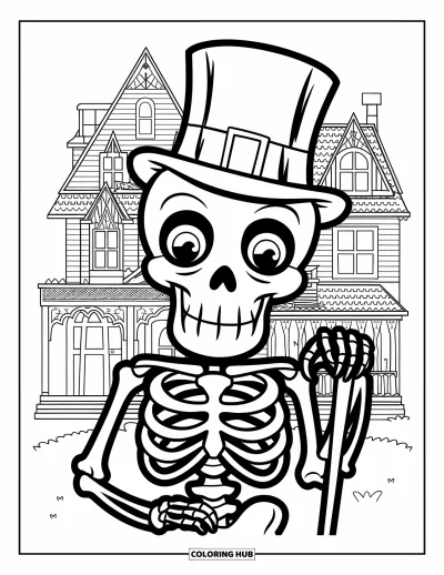 Coloriage d'Halloween vintage pour enfants : Un squelette souriant en haut-de-forme tient une canne près d'un manoir hanté