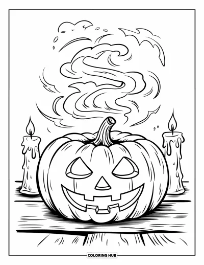 Coloriage d'Halloween vintage pour enfants : Une citrouille fumante est posée entre des bougies sur une table d'Halloween inquiétante