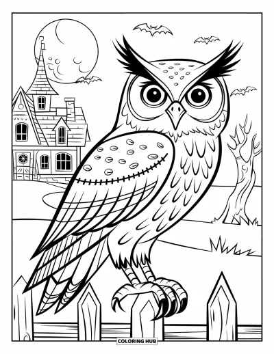 Coloriage d'Halloween vintage pour enfants : Un grand hibou en chapeau observe depuis une clôture près d'une maison hantée