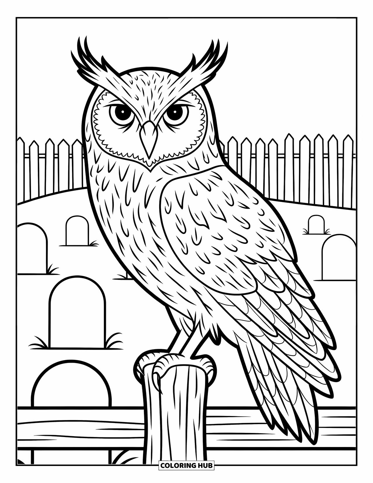 Vintage Halloween Coloring Page for Kids: Tall owl with stitched wings watches from a graveyard fence