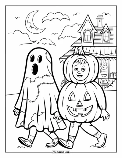 Coloriage d'Halloween vintage pour enfants : Des enfants en quête de bonbons se promènent sous la lune près d'une maison effrayante