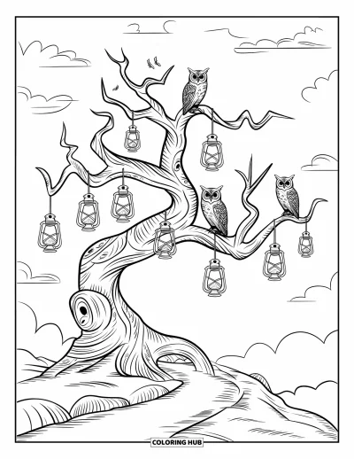 Coloriage d'Halloween vintage pour enfants : Un arbre tordu avec des lanternes et des hiboux se dresse sur un terrain rocheux sous un ciel sombre