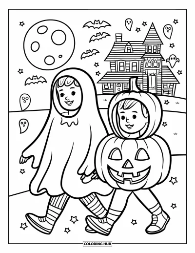 Coloriage d'Halloween vintage pour enfants : Deux enfants déguisés en fantôme et citrouille marchent sous la pleine lune