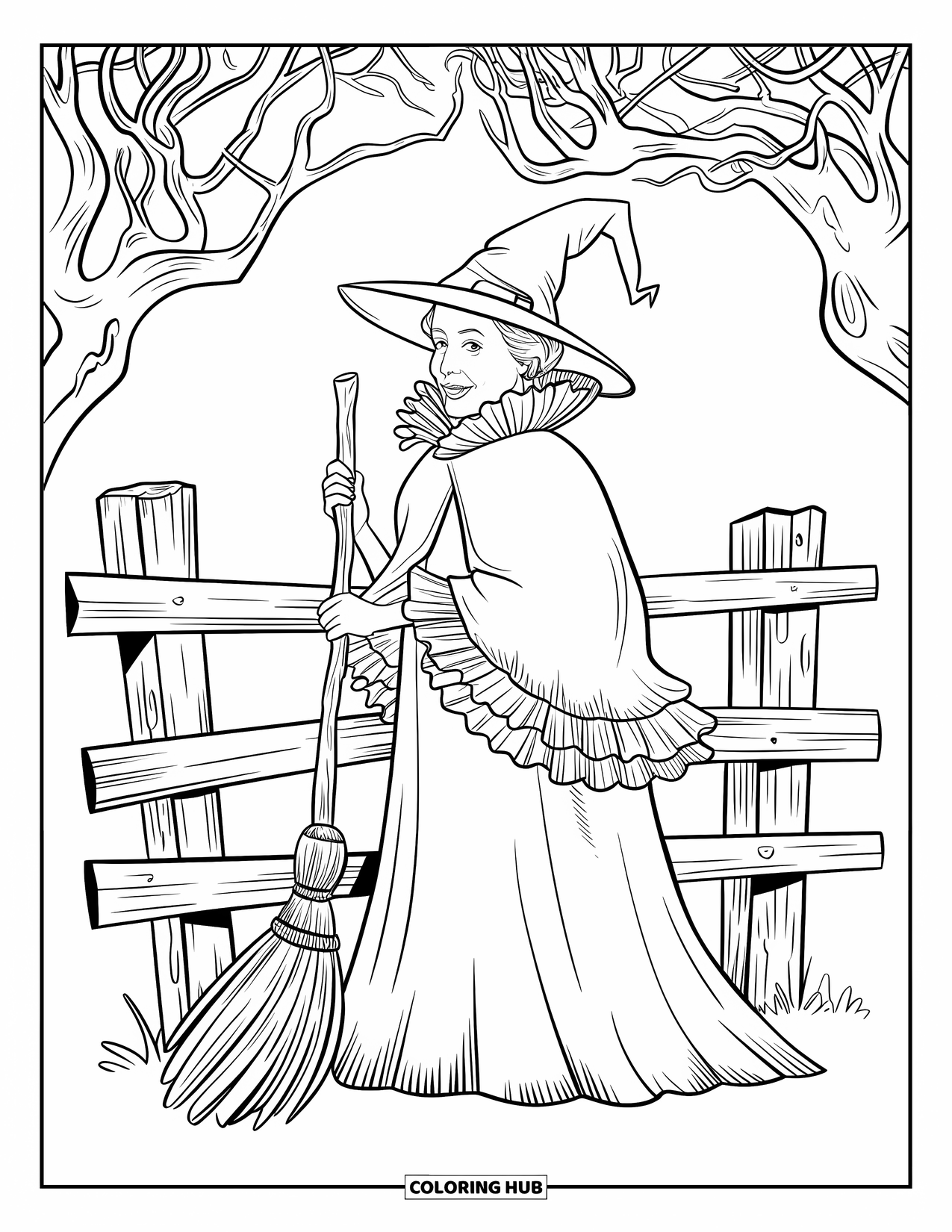 Vintage Halloween Coloring Page for Kids: Witch stands by twisted trees holding her broom in the forest