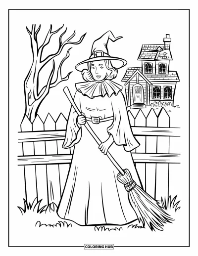 Coloriage d'Halloween vintage pour enfants : Une sorcière avec un balai se tient près d'une clôture de travers et d'arbres sinistres