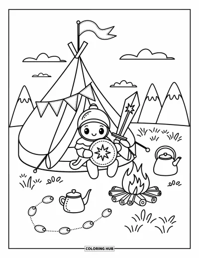 Coloriage de guerriers pour adultes : Un camp de chevalier douillet présente un bouclier rebondi, un ragoût sur le feu et une tente étoilée