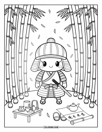 Coloriage de guerriers pour adultes : Un adorable samouraï se tient dans un bosquet de bambous près d'un thé, de sandales et de feuilles tombantes