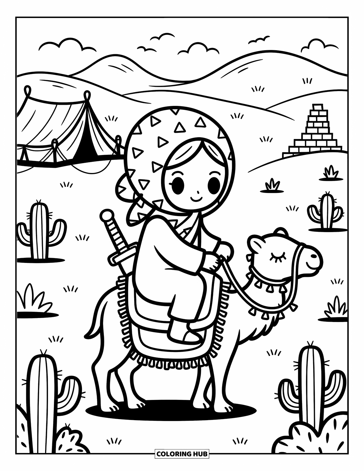 Warrior Coloring Page for Adults: A desert warrior rides a sleepy camel past cactus plants, ruins, and a flapping tent
