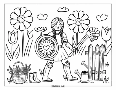 Coloriage de guerriers pour adultes : Une guerrière douce se tient parmi d'immenses fleurs, tenant une hache ornée d'un cœur et un bouclier de pétales