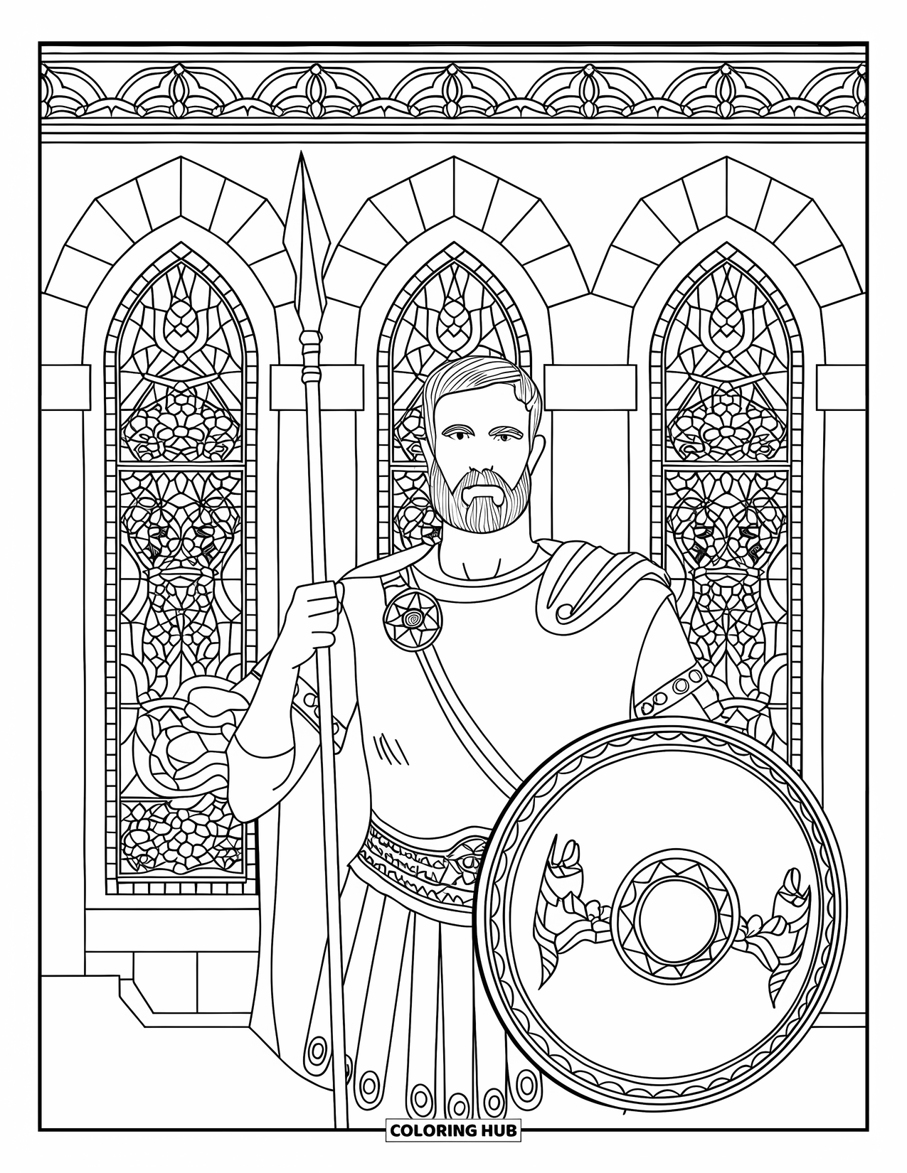 Warrior Coloring Page for Adults: A grey-bearded centurion stands beneath ornate glass arches holding a decorated shield and spear