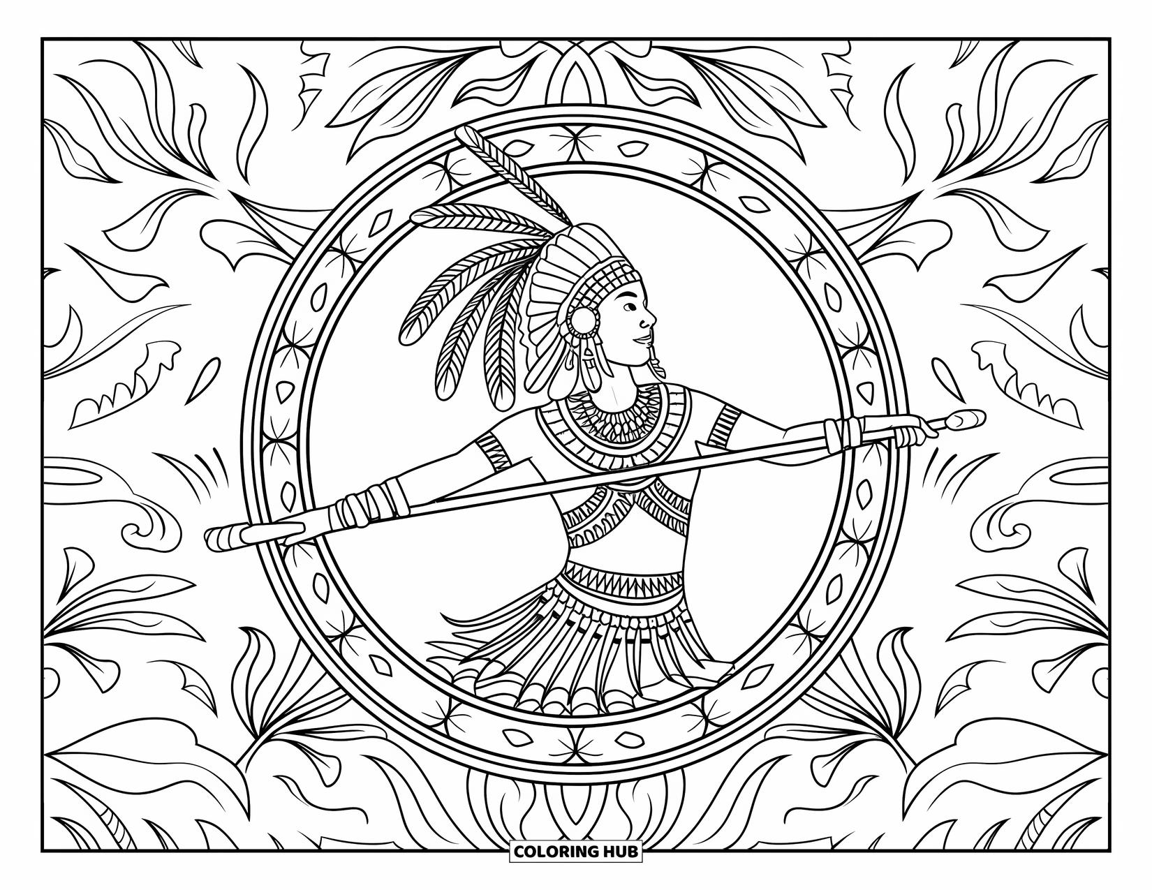 Warrior Coloring Page for Adults: A headdress-wearing dancer holds a staff inside a floral frame full of intricate details