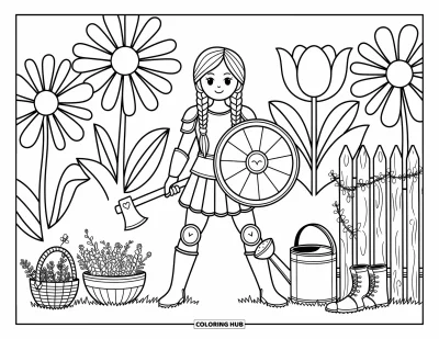 Coloriage de guerriers pour adultes : Une guerrière bienveillante aux tresses veille sur un jardin rempli de tulipes, de marguerites et de petits trésors