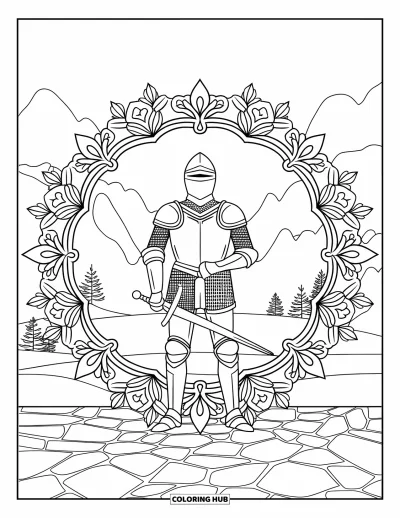 Coloriage de guerriers pour adultes : Un chevalier se tient sur un sol de pierre entouré de fleurs et de montagnes sous un ciel dégagé