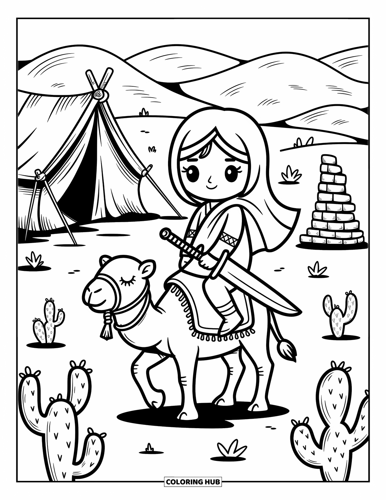 Warrior Coloring Page for Adults: A peaceful rider and camel travel past cactus, tents, and tiny tower ruins