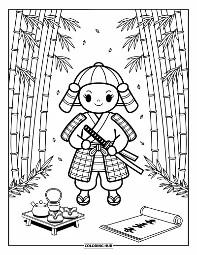 Coloriage de guerriers pour adultes : Un samouraï serein se repose dans un bosquet éclairé aux lanternes, entouré de thé, de parchemins et d'ombres de bambous