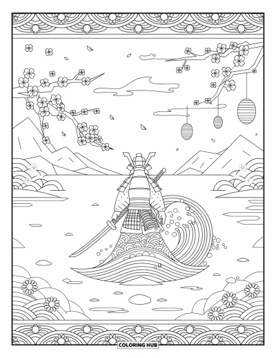 Coloriage de guerriers pour adultes : Un samouraï serein se tient sur un rocher en mer sous des lanternes flottantes et des fleurs de cerisier