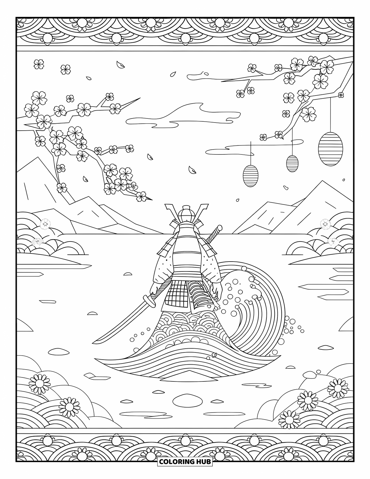 Warrior Coloring Page for Adults: A peaceful samurai stands on a rock in the sea beneath floating lanterns and blossoms