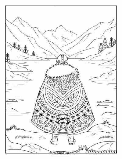 Coloriage de guerriers pour adultes : Un Viking paisible se tient dans un champ rocailleux bordé d'eau calme et de motifs floraux
