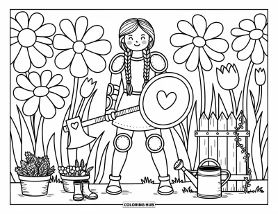 Coloriage de guerriers pour adultes : Une guerrière paisible tient bouclier et hache dans un champ ensoleillé de fleurs sauvages