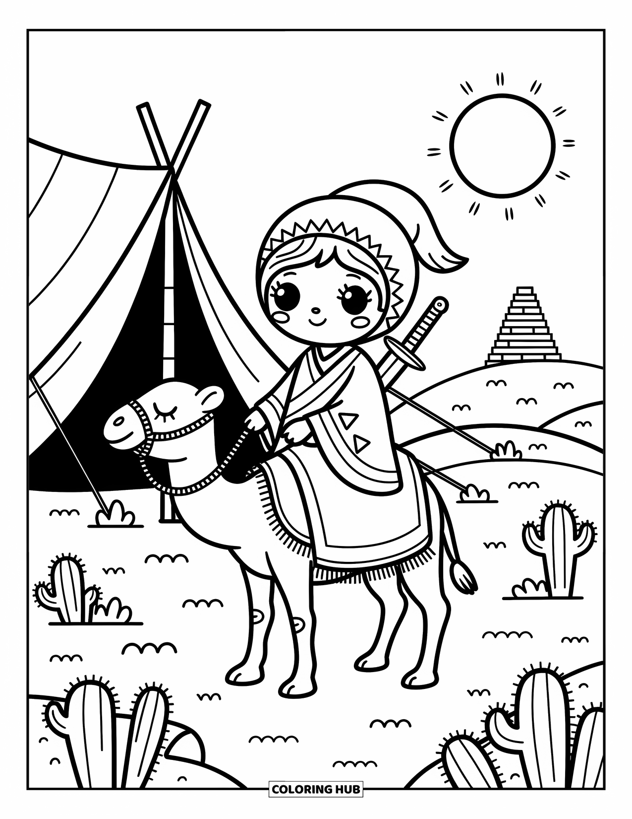 Warrior Coloring Page for Adults: A robed warrior on a small camel journeys through sunlit dunes and cozy desert scenery