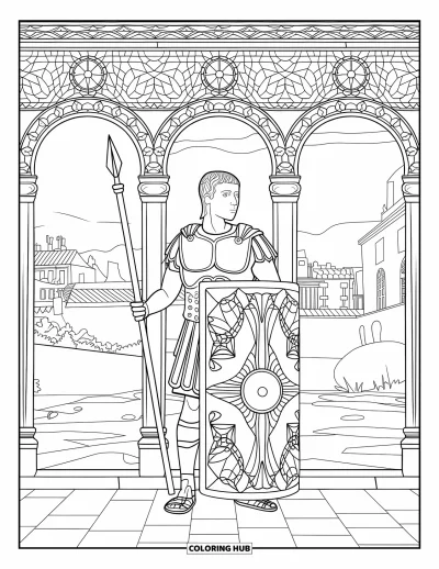 Coloriage de guerriers pour adultes : Un centurion romain se dresse dans une cour à motifs entourée de vitraux et de vues sur la ville