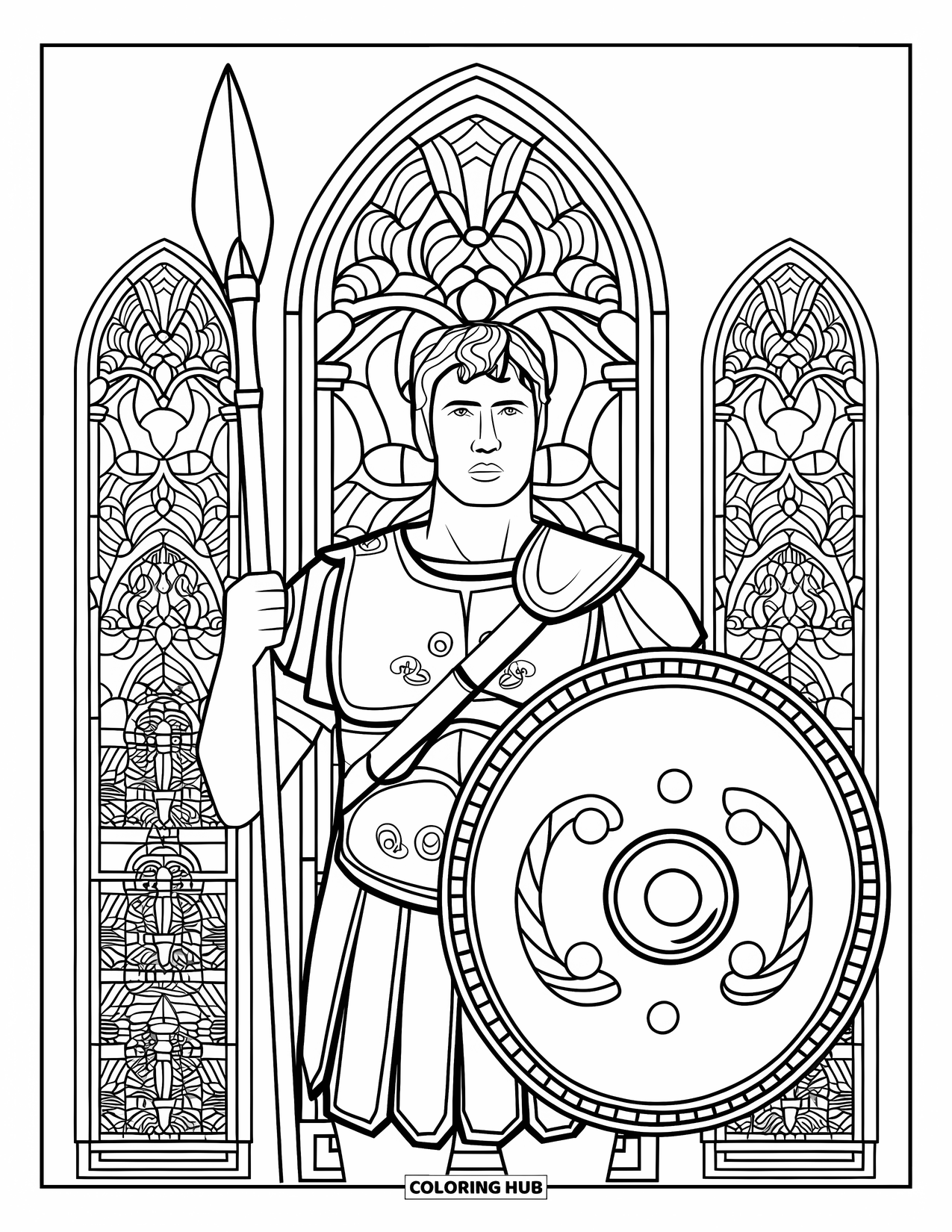 Warrior Coloring Page for Adults: A Roman centurion stands proudly beneath stained glass arches with a shield and spear