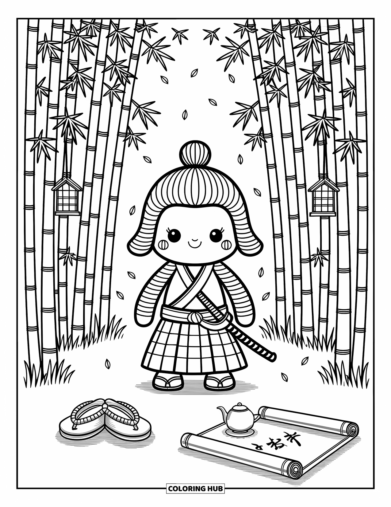 Warrior Coloring Page for Adults: A samurai with round armor stands near a scroll, tea set, and glowing lanterns