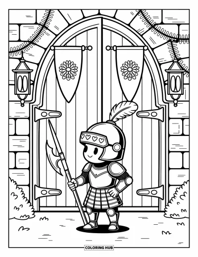 Coloriage de guerriers pour adultes : Un gentil chevalier se tient à la porte d'un château, tenant une hallebarde plus grande que lui