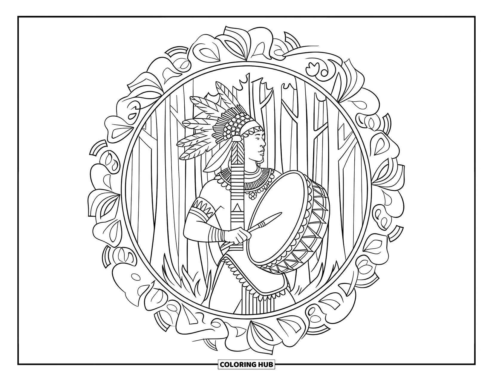 Warrior Coloring Page for Adults: A tribal warrior holds a drum inside a leafy circle with tall trees behind