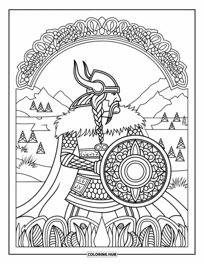Coloriage de guerriers pour adultes : Un Viking en manteau de fourrure tient épée et bouclier près de montagnes et d'eau tranquilles