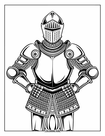 Coloriage de guerriers pour adultes : Un chevalier en armure se tient seul, avec une armure détaillée sur un fond blanc immaculé