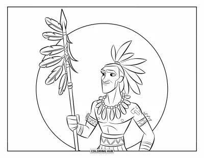 Coloriage de guerriers pour enfants : Un guerrier portant un collier d'os tient sa lance dans une jungle tranquille